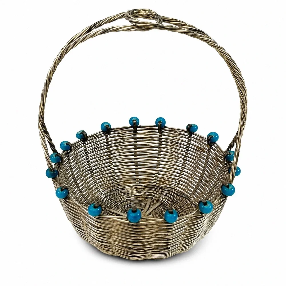 Vintage Silver Wire Woven Miniature Basket with Turquoise Blue Glass Beads 3in